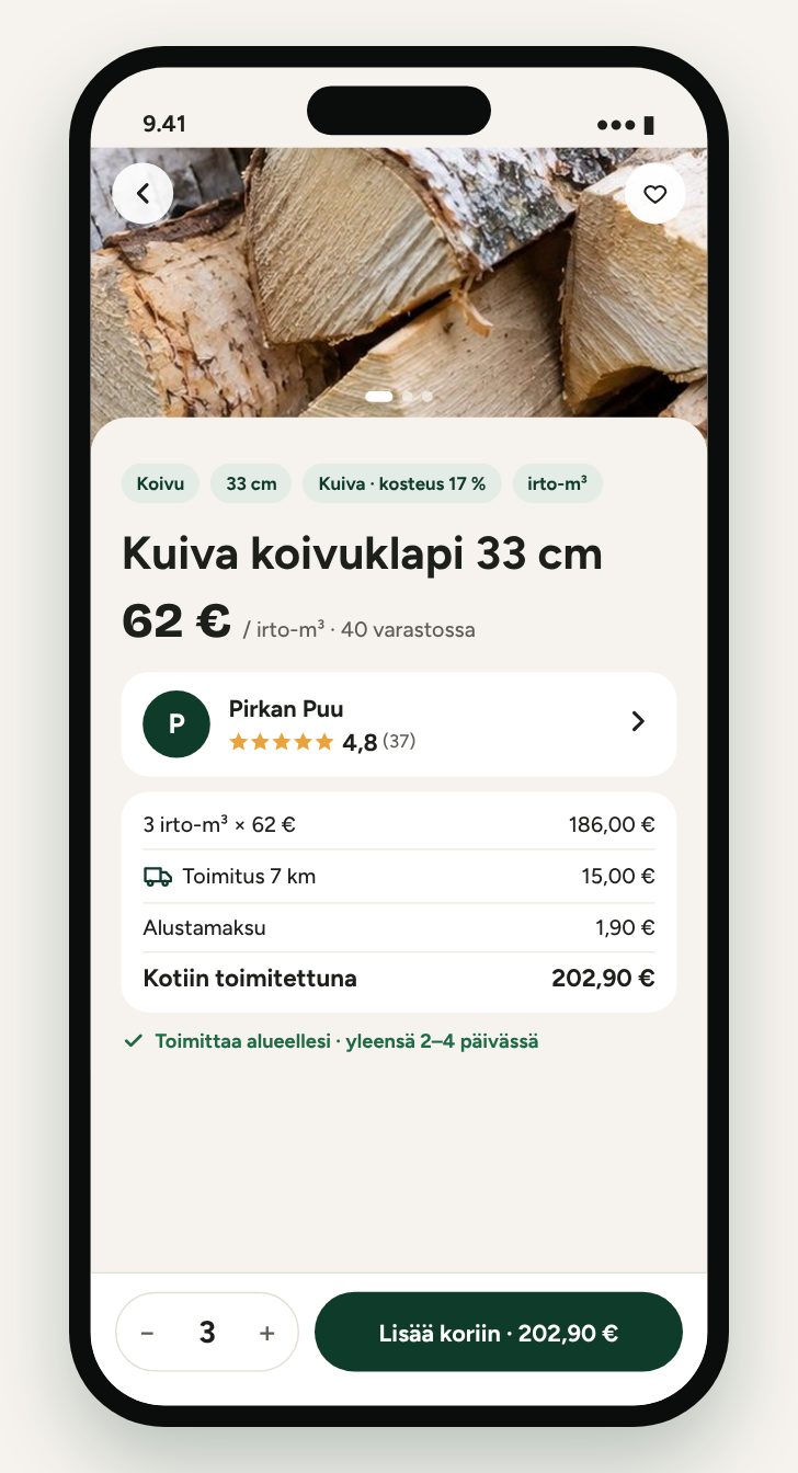 Ilmoitussivu: puulaji, kosteus, myyjä ja loppusumma